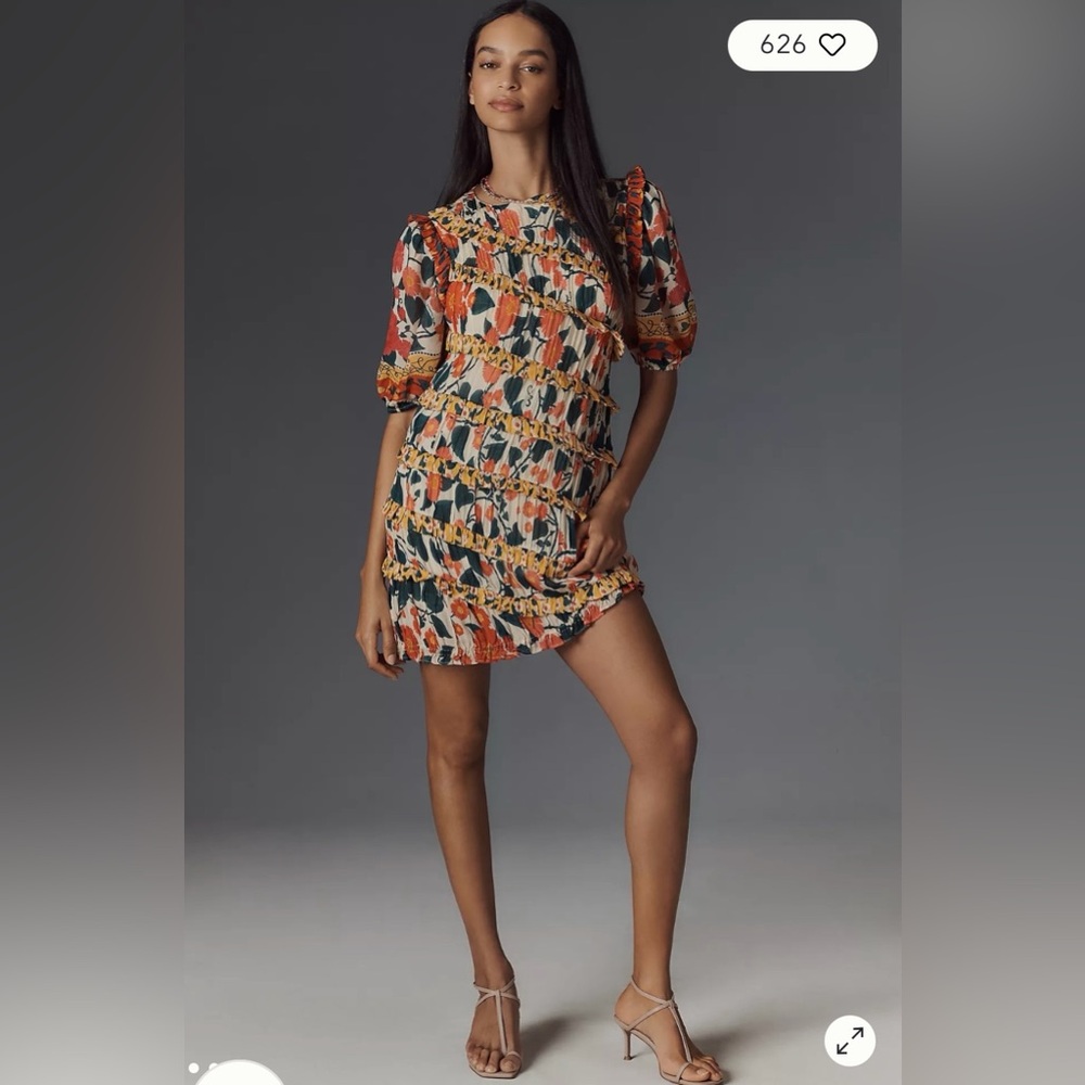 NWT $258 Farm Rio x Anthropologie Puff-Sleeve Fitted Mini Dress M - Picture 3 of 13